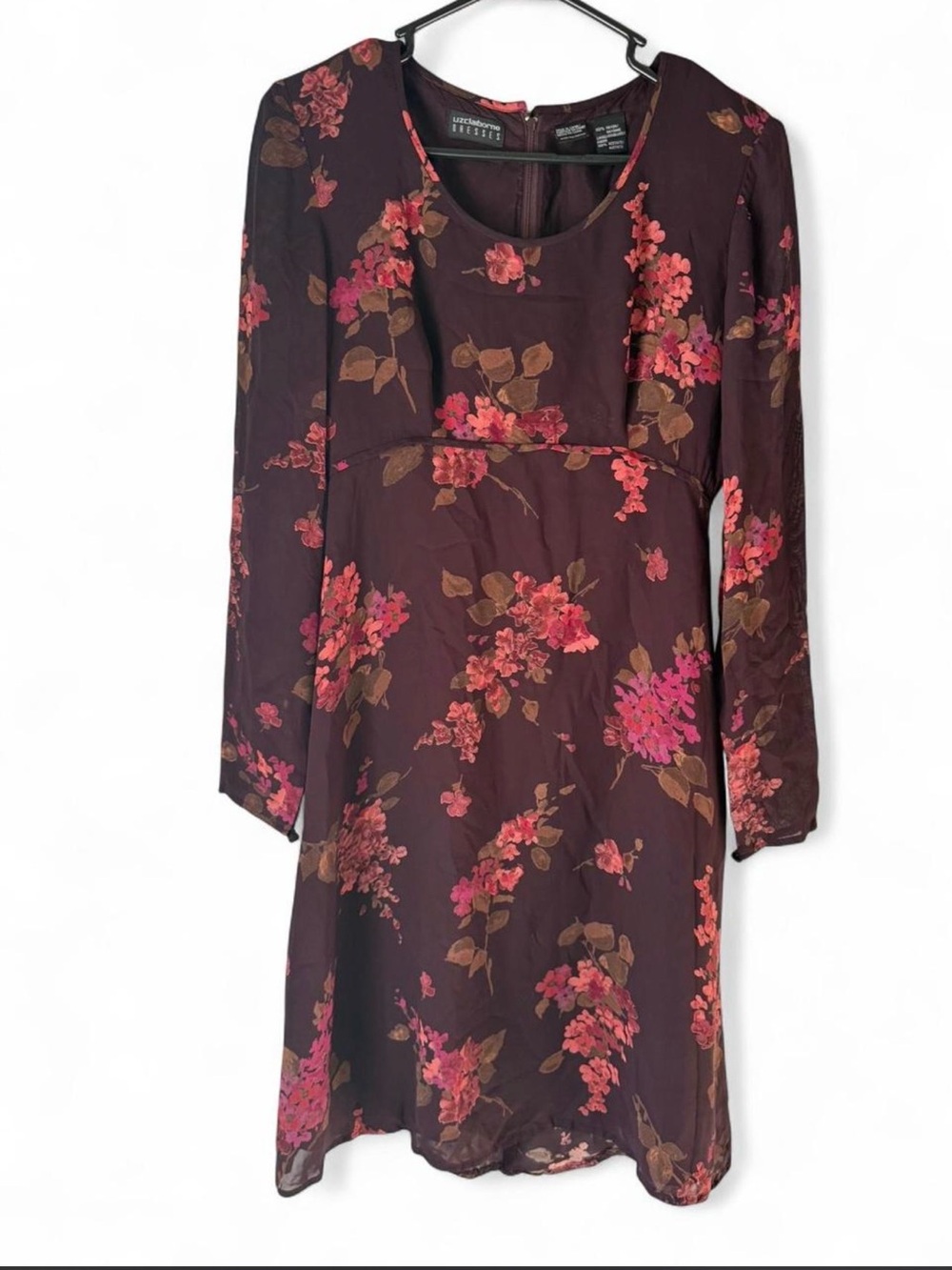 Liz Claiborne Floral Sheer Long Sleeve Dress Brown Pink Flowy Lined Size 4